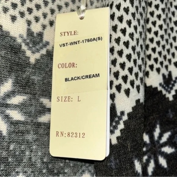 Aryeh | New Black Cream Fair Isle Open Front Sleeveless Cardigan, Large - Picture 6 of 7